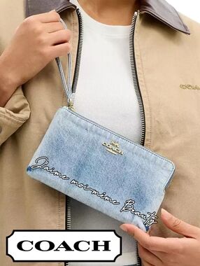 COACH Loved Denim Large Zip Wristlet with Gold Logo New Factory Wrapped